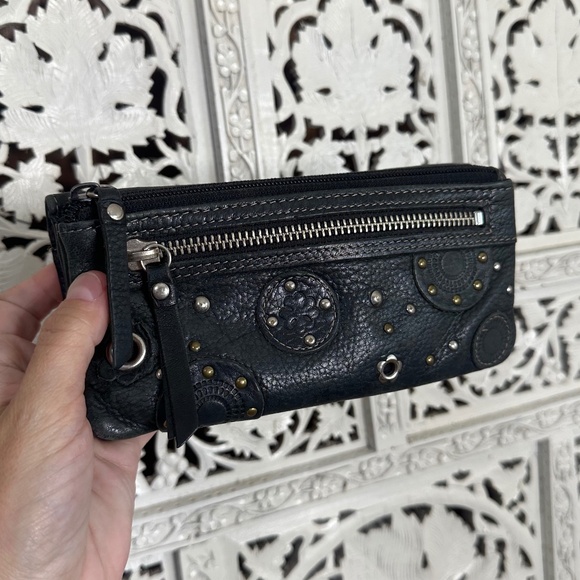 Vintage Fossil Dark Gray Leather Studded Multi Compartment Wallet - Picture 1 of 9